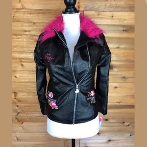 Betsey Johnson faux leather coat pink fur trim